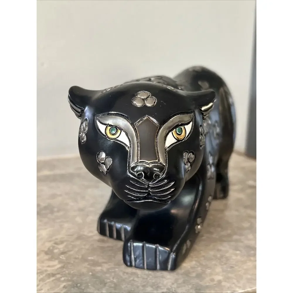 Artesania Rinconada Black Silver Large Crouching Panther Sculpture 11